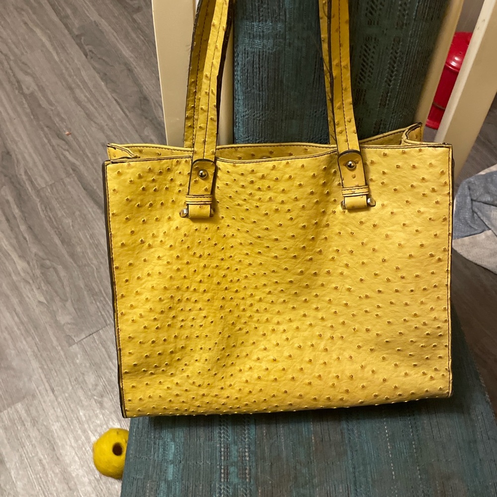 Merona Genuine Ostrich Leather Tote Bag Yellow Mustard Shoulder Bag - Picture 13 of 16